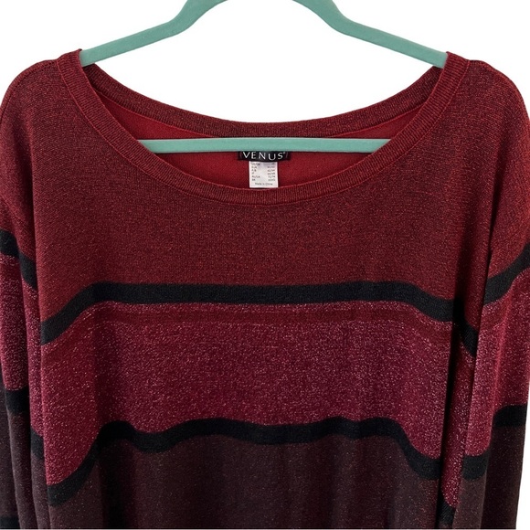 VENUS • Red & Black Crewneck Color Block Sparkly Glittery Striped Sweater Top - Picture 5 of 10